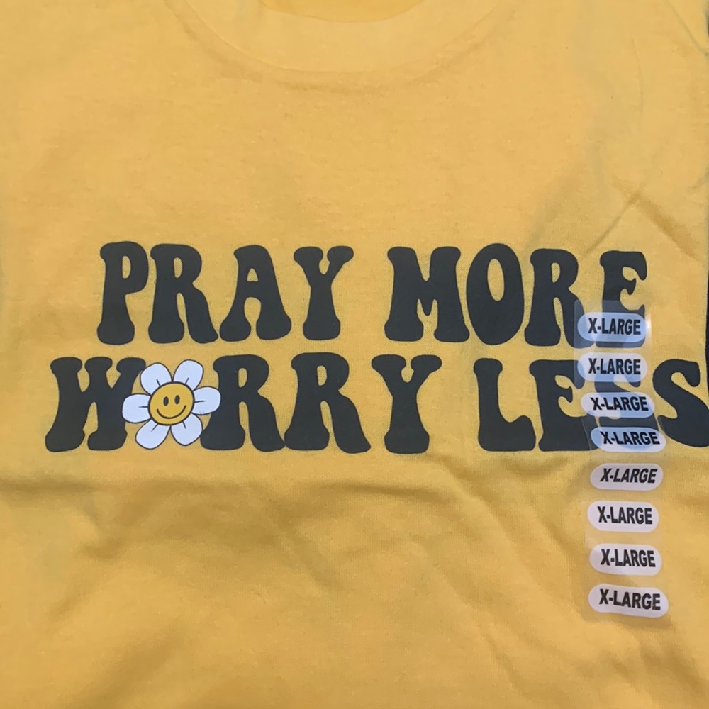 Like New,  pray more worry less yellow shirts. 52% cotton, 48% polyester